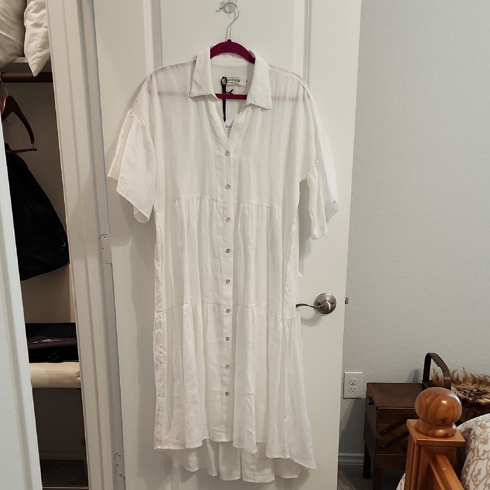 Casual White Button-Front Pura Linen Midi Dress